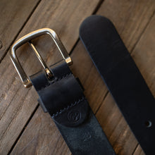 Load image into Gallery viewer, black leather belt with provision leatherworks logo and size
