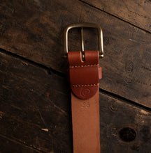 Load image into Gallery viewer, handmade medium brown belt with provision leatherworks logo and size
