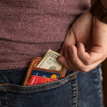 Load image into Gallery viewer, buck brown leather minimalist wallet with cards and money in back pocket
