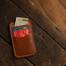 Load image into Gallery viewer, buck brown leather minimalist wallet with cards and money in slots
