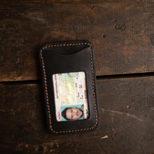 Load image into Gallery viewer, black and buck brown minimalist wallet with ID in id slot
