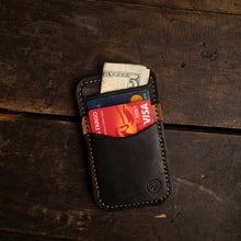 Load image into Gallery viewer, black and buck brown minimalist wallet with cards and money
