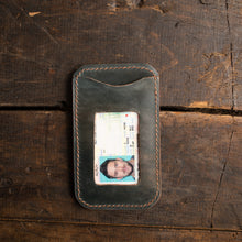 Load image into Gallery viewer, marbled blue shell cordovan leather minimalist wallet with id in ID slot
