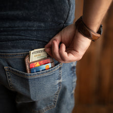 Load image into Gallery viewer, marbled brown shell cordovan minimalist wallet with cards and cash in pocket
