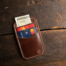 Load image into Gallery viewer, marbled brown shell cordovan leather minimalist wallet with cards and cash in slots
